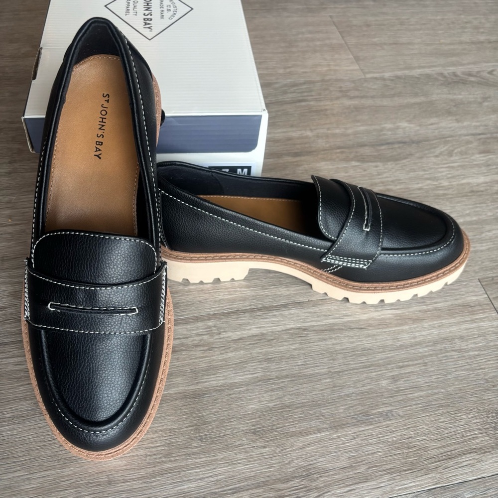 St. John's Bay Black Penny Loafers with Tan Trim and Cream Lug Sole